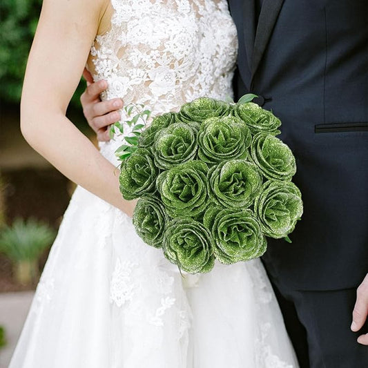 30PCS Artificial Glitter Roses Bouquet Green Flowers Fake Sparkling Roses for Wedding Party Christmas Home Decor(Green with Silver Glitter)