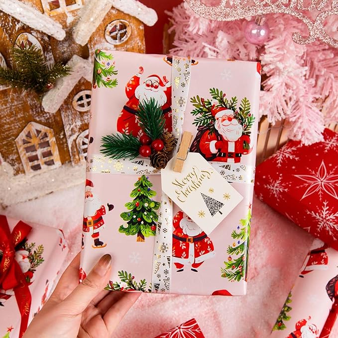 MAYPLUSS Christmas Wrapping Paper Roll - 17 Inch X 33 Feet - Cute Santa Claus Christmas Tree Reversible Strip Gift Wrapping Paper, Thick Wrap Paper for Holiday Party New Year Kids