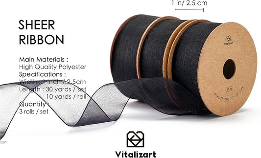 Vitalizart Black Ribbon Organza Sheer Ribbon 1 inch x 30Yd Handmade Fabric Ribbons for Gift Wrapping Christmas Tree Crafts Bows Wedding Invitations Wreaths Wrap