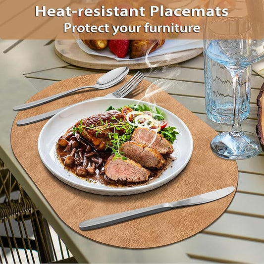 ADRIMER Placemats, Heat Resistant Oval Placemats Set of 8 Washable 12 x 17 Inch, Waterproof Table Mats, Wipeable Pu Place Mats for Kitchen, Dining Room, Light Brown