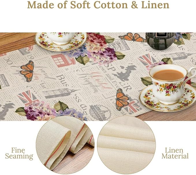 British Table Runner, Seasonal Vintage Floral England London Culture Element Coffee Table Center Decor for Home Kitchen Dining Patio Holiday Party Table Decorations 13x36 inches