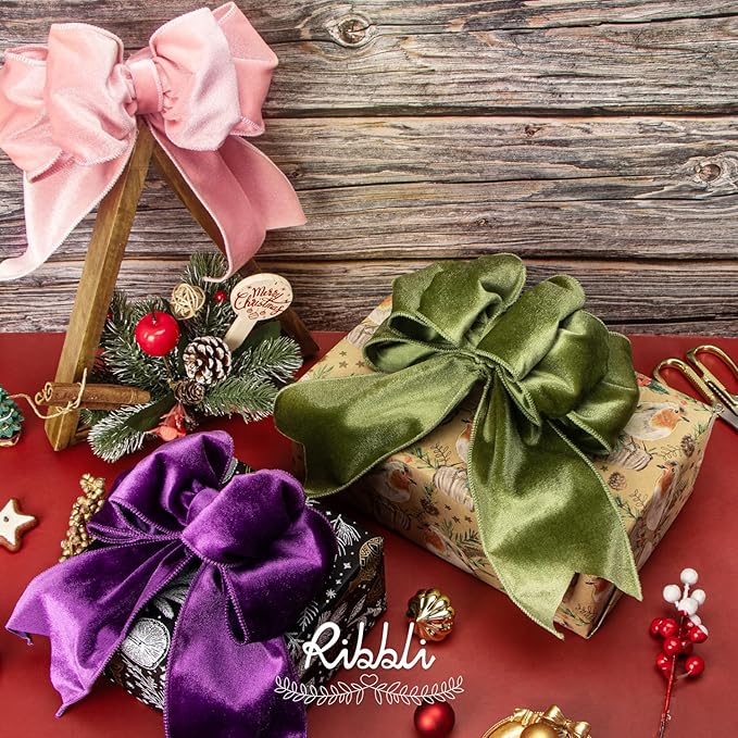 Ribbli Purple Velvet Wired Ribbon 4 Inch Velvet with Satin Christmas Ribbon for Gift Wrapping Christmas Tree Decoration Crafts Wreaths Supplies-Continuous 10 Yards
