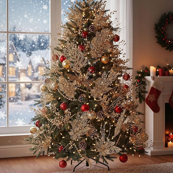 30 Pcs Artificial Christmas Tree Picks and Sprays Glitter Berry Stem Branches Holly Floral Picks Twigs Christmas Tree Ornaments for DIY Xmas Wreath Vase Filler Decorations(Champagne)