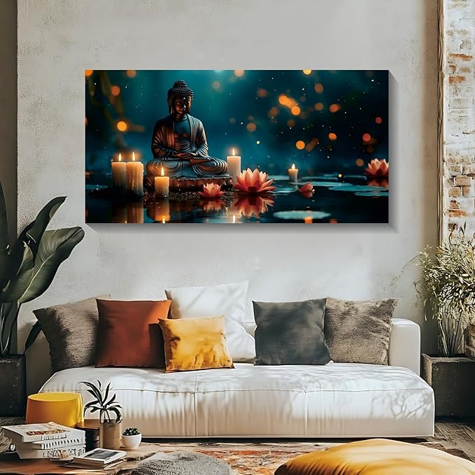 Iallbin Buddha Wall Art & Zen Wall Decor, White Lotus on Water Canvas Painting - for Yoga Meditation Room, Spa & Bathroom, Blue Art Deco Style, 58x29 Inches