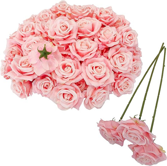 Artificial Satin Rose Flower Heads,48 Pcs Silk Rose Heads with Stems,3.3'' Rose Artificial Flowers Bulk,Artificial Rose Flower Heads for DIY Crafts Bouquet (48, Pink)