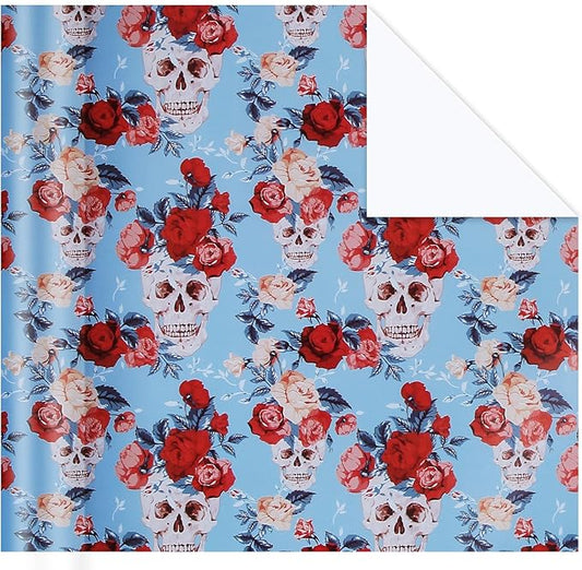 Aimyoo Blue Skull Floral Wrapping Paper Roll 17 in x10ft, Horror Gothic Gift Wrap Paper for Halloween Wedding Bridal Shower
