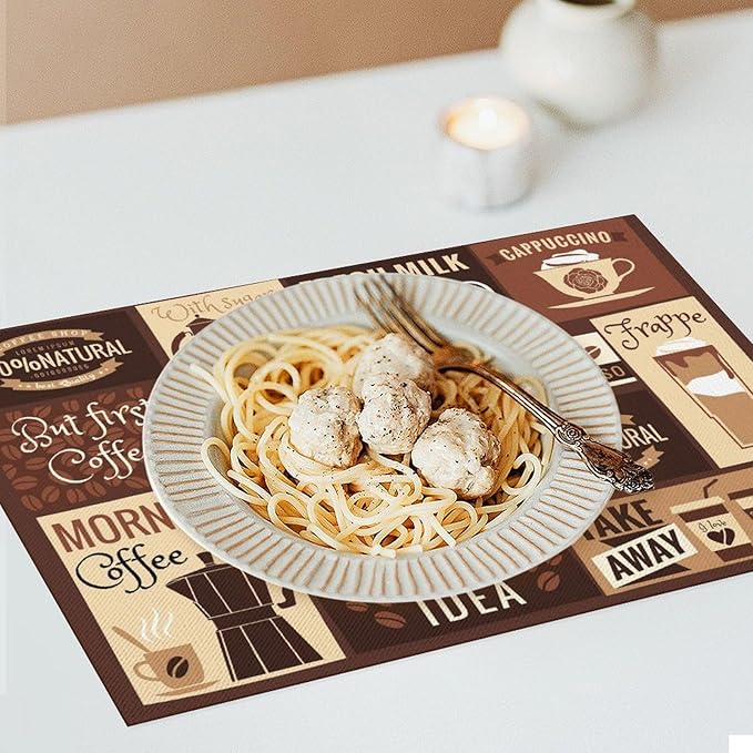 Coffee Table Placemats Set, Hot Mocha Latte Milk Typography on Scribble Backdrop, Set for Dining Table Decor 4 PCS, Cafe-2