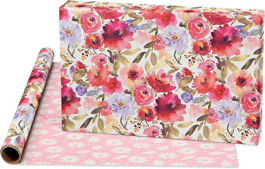 American Greetings 120 sq. ft. Reversible Flower Wrapping Paper Set for Birthdays, Weddings, Bridal Showers, Floral, Stripes and Polka Dots (4 Rolls, 30 in. x 12 ft. each)