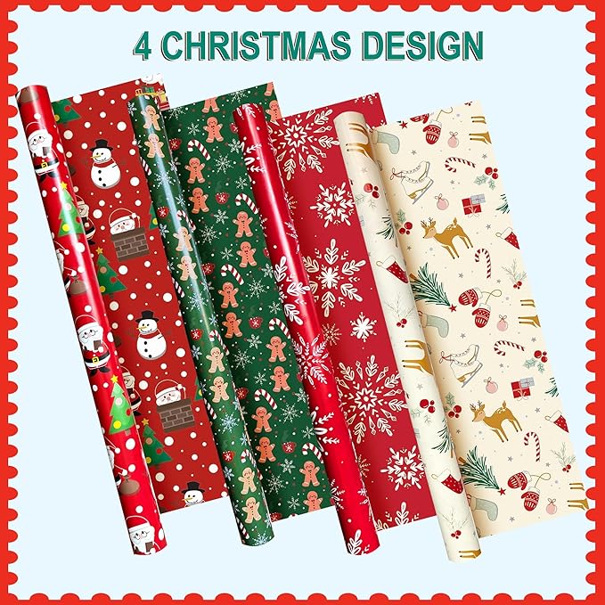 Christmas Wrapping Paper Set of 4 Rolls (148 sq. ft. ttl) With Colorful Holiday Patterns Santa Claus, Reindeer, Christmas Tree, Snowman, snowflakes for Gifts - 30 inches x 14.8 feet Per Roll