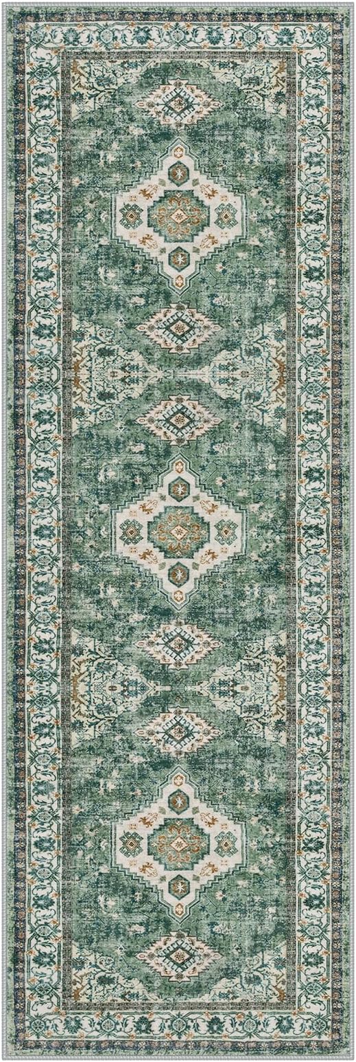 Lahome Oriental Hallway Runner Rug, 2.5x8 Kitchen Runner Non Slip Ultra-Thin, Soft Washable Hallway Rug Non Shedding Long Carpet for Entryway Laundry Room Bathroom, Green/Multi