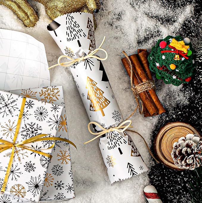 MAYPLUSS Christmas Trees Wrapping Paper - 17 Inch X 33 Feet - Minimalistic Elegant Christmas Trees with Gold Design Winter Holiday Gift Wrap Sheet for Party, DIY Crafts & Festive Decoration