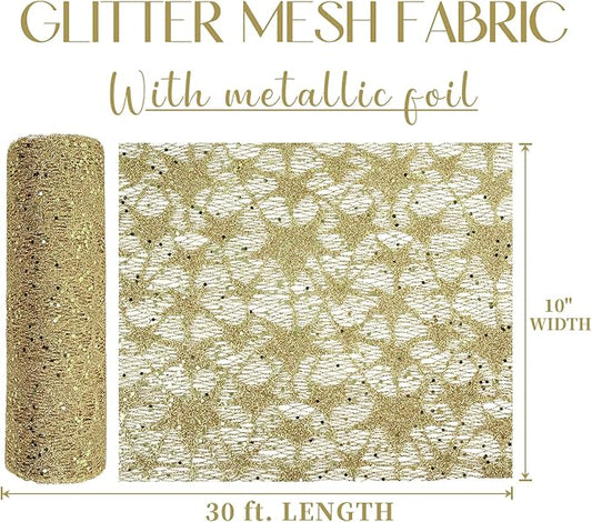 MEEDEE Gold Glitter Mesh Star Web Ribbon 10 Inch Wide by 10 Yards Roll Gold Mesh Fabric Ribbons Decorative Mesh Ribbon for Christmas Tree, Garland, Holiday Crafts, Wreaths, Bows, Home Decor