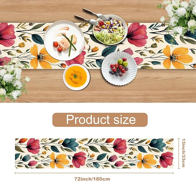 Watercolor Floral Table Runner – Elegant Red, Blue & Purple Blooms on Beige, 13x72 Inch Linen-Look Fabric for Dining Table, Kitchen, Spring & Summer Home Decor, Everyday Use