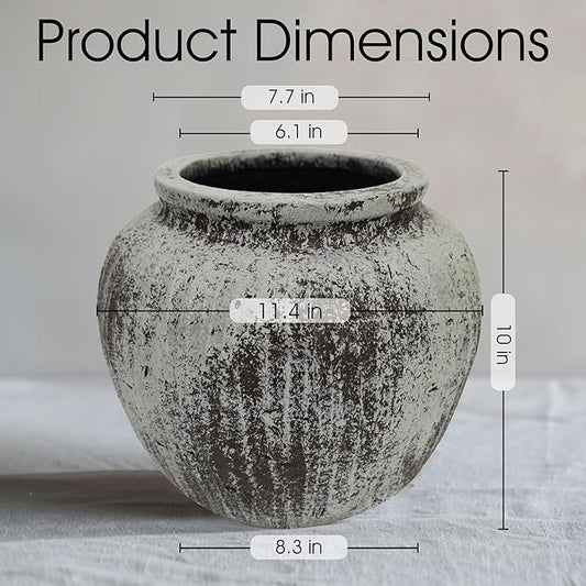 Oakrain Large Rustic Minimalist Vase, 11" Distressed Round Floor Vase for Home Decor, Farmhouse Centerpieces Planters for Living Room Indoor Outdoor Use, Gray