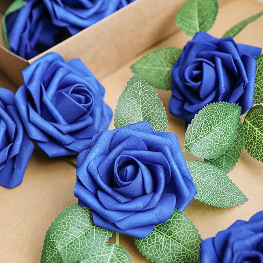 AmyHomie Artificial Flower Royal Blue Rose 25pcs Real Looking Fake Roses w/Stem for DIY Wedding Bouquets Centerpieces Arrangements Party Baby Shower Valentines Day Christmas Tree Decorations