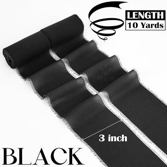MEEDEE Black Chiffon Ribbon 3 Inch Frayed Ribbon Chiffon Silk Ribbons Black Fringe Wide Chiffon Ribbons for Crafts, Flower Bouquet, Wedding Favors Wrapping (2 Rolls 10 Yards)