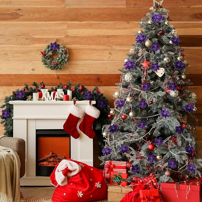 20 Pcs Christmas Glitter Poinsettia Magnolia Flowers Ornaments Large Heads Artificial Magnolia Flowers for Christmas Tree Xmas Wreath Holiday Wedding Decor (Purple)