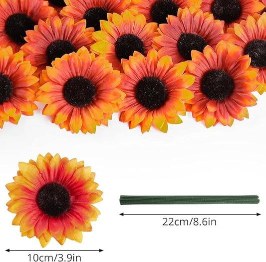 40pcs Fake Sunflower Heads with Stems, 4" Fall Sunflower Artificial Silk Flower Heads for Party Baby Shower Wedding Making Handicrafts Home Fall Decor(Fall Orange)