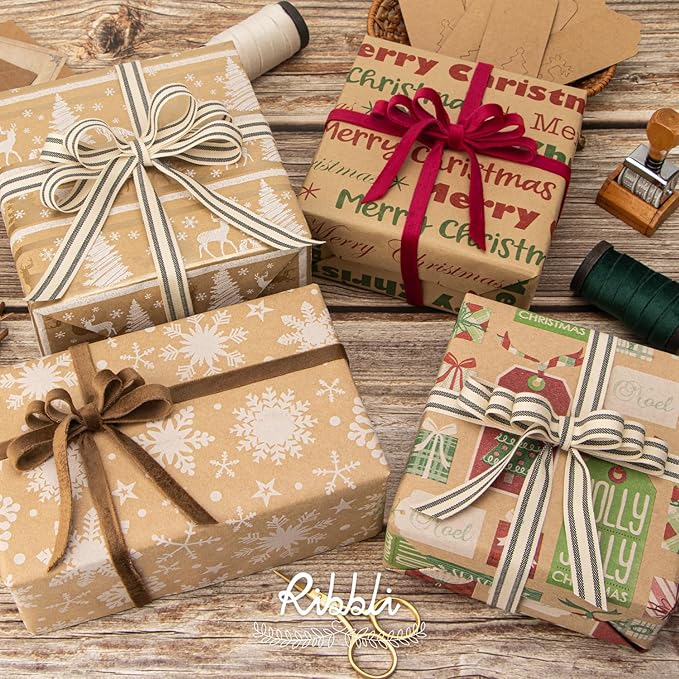 Ribbli Christmas Wrapping Paper, 4 Rolls Vintage Kraft Wrapping paper, 17 Inch x 10 Feet Per Roll, Snowflakes Christmas Tree Gift Box Printed Assortment