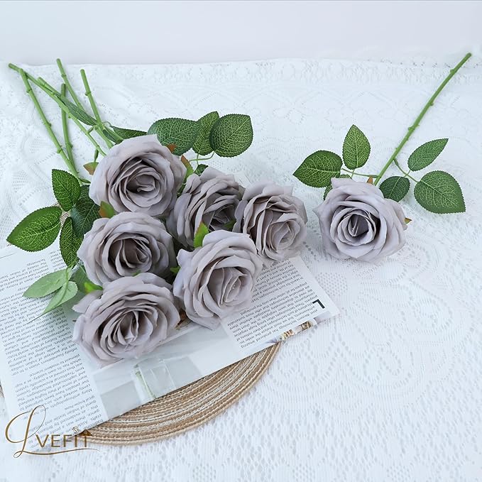 12pcs Artificial Rose Flower Grey Rose Flowers with Long Stem Silk Roses Bouquet for Wedding Bridal Shower Party Home Decoration