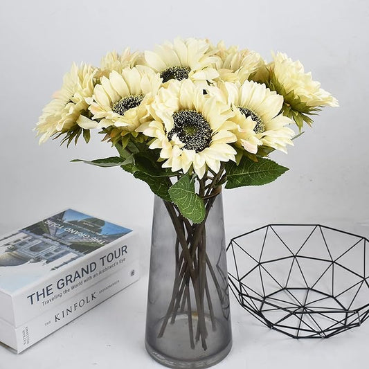White Artificial Sunflower Flowers 8 Pcs Single Long Stem Silk Fake Sunflowers Bridal Wedding Bouquet Fake Yellow Flower Arrangements for Outdoor
