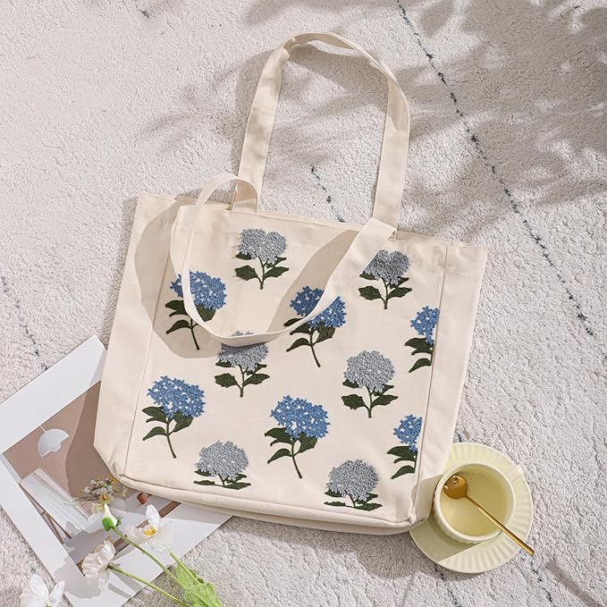 Aesthetic Embroidery Tote Bag for Lady Cute Reusable Canvas Shoulder Bag for Girls Women Shopping Grocery