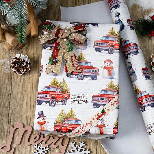 MAYPLUSS Christmas Wrapping Paper Roll - 17 In x 33 Feet - Cute Watercolor Christmas Tree Truck Snowman Gift Wrap Paper for New Year, Holiday, Kids