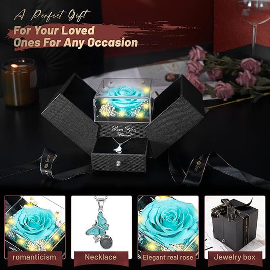 DRTINA Preserved Blue Real Rose with I Love You Butterfly Necklace-Eternal Flowers Rose Birthday Gifts for Wife Women Mom Girlfriend Grandma on Mothers Day Anniversary Christmas Valentines Romantic