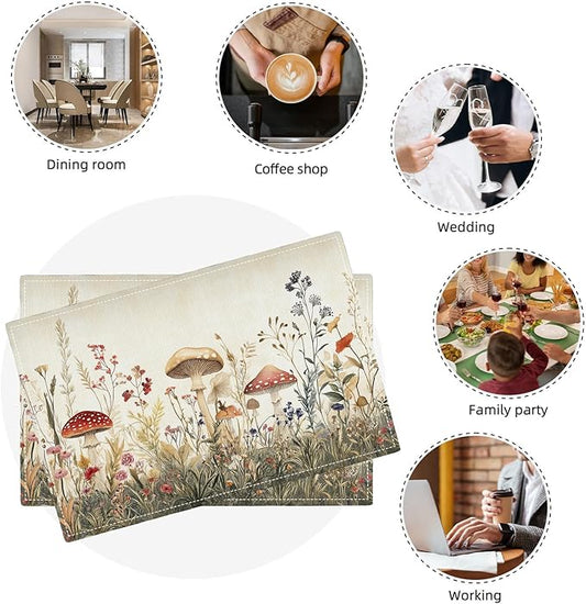 Cute Mushroom Placemats Set of 6, Flowers Plant Place Mats, Rustic Leaves Dining Table Mats, Washable Placemats for Kitchen Dining Room 18L'' × 12W''