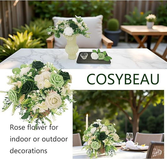 Artificial Fake Flowers 25pcs Roses, Shade of Light Green Foam Rose Faux Flower for DIY Wedding Bouquets Bridal Shower Centerpieces Floral Arrangements Party Tables Home Decorations