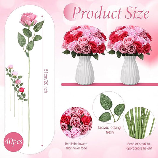 Hotop 40 Pcs Rose Artificial Flowers Bulk with Long Stem,Realistic Silk Fake Roses Bouquet for Home Wedding Centerpieces Party Table Decoration Valentines Gifts(Gradient Pink)