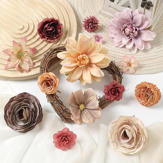 Artificial Flower Heads Combo - Fall Silk Dahlia & Roses Fake Flowers for Wedding, Party, Graduation Cap DIY, Cake Decoration, Table Centerpieces, Home Decor