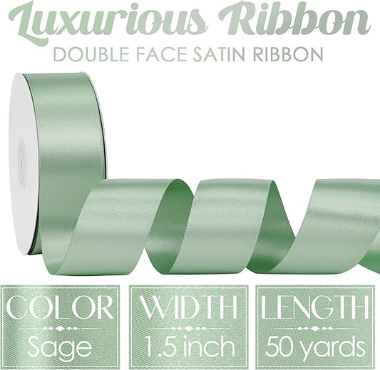 MEEDEE Sage Satin Ribbon 1-1/2 Inch Light Green Ribbon Lux Double Faced Satin Ribbons by 50 Yards Green Polyester Satin Ribbons for Crafts, Weddings, Flower Bouquet, Holiday Decorating