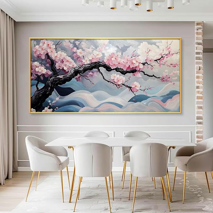 Japanese Cherry Blossom Canvas Wall Art, Sakura Tree Canvas Print, Pink Floral Pictures, Cherry Blossom Tree Wall Art, Flower Branch Decor, Nature Prints for Living Room (Black Framed, 62"x31" | 160x80cm)