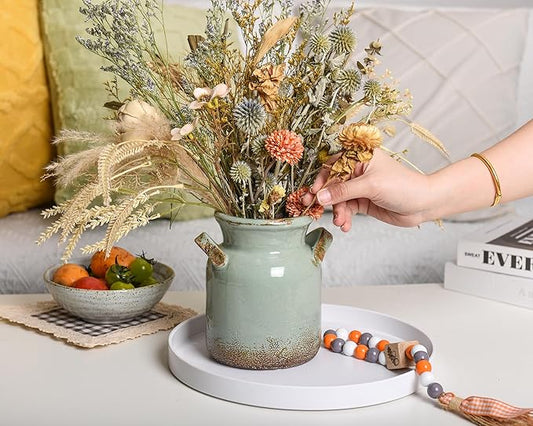 Quoowiit Ceramic Rustic Farmhouse Vase, Distressed Decorative Flower Vases for Home Decor, Ideal Shelf Decor, Green Boho Vase for Living Room Bedroom Kitchen Office Centerpiece Table Decorations