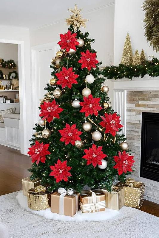 4 Pcs Poinsettia Artificial Christmas Flowers - 11.8" Christmas Flower Picks Large Red Glitter Ornaments Silk Floral Stems with Clips for Xmas Tree Decoration Wreath Garland Fireplace Stairs Decor