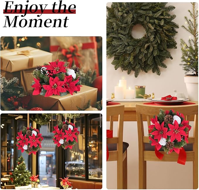 BLOSMON Poinsettias Artificial Christmas Flowers: 2 Pcs Red Fake Floral Ball Centerpieces for Tables Decorations Silk Faux Poinsettia Winter Holiday Flower Arrangement Xmas Plant Ornaments Decor