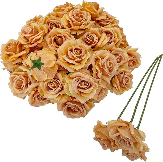 Artificial Satin Rose Flower Heads,48 Pcs Silk Rose Heads with Stems,3.3'' Rose Artificial Flowers Bulk,Artificial Rose Flower Heads for DIY Crafts Bouquet (48, Toffee)