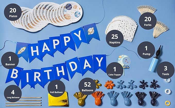 129 PCS Space Birthday Decorations – Includes Moon, blue and gold Balloon Arch Kit, Pump, Cake Topper, Paper Plates, Napkins, Bamboo Forks, and Banner – Outer Space Party Decorations, Serves 20 Guests