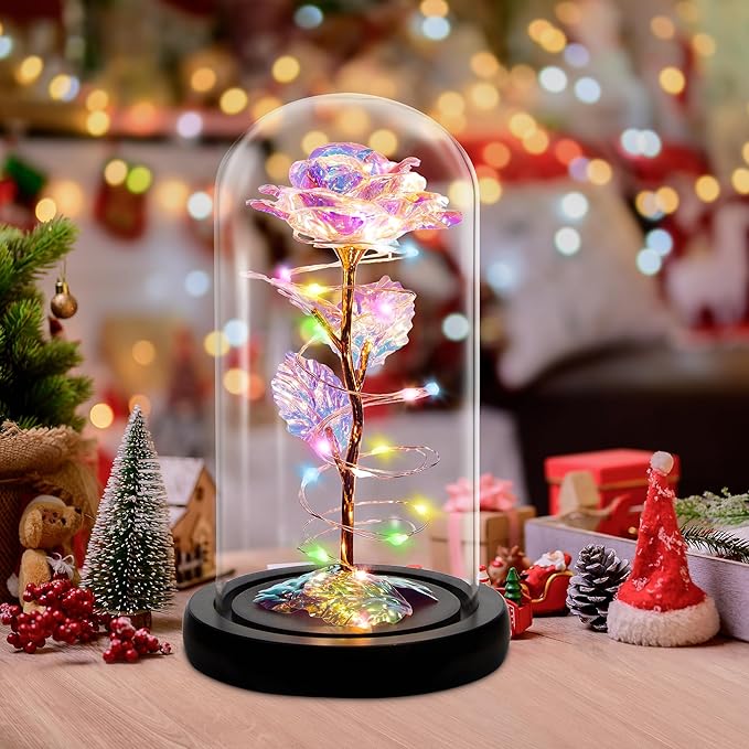 Childom Christmas Rose Gifts for Women,Birthday Gifts for Women Mom Christmas,Flowers for Delivery Prime,Colorful Light Up Rose in A Glass Dome,Anniversary Flowers Gift for Her Grandma Valentines Day