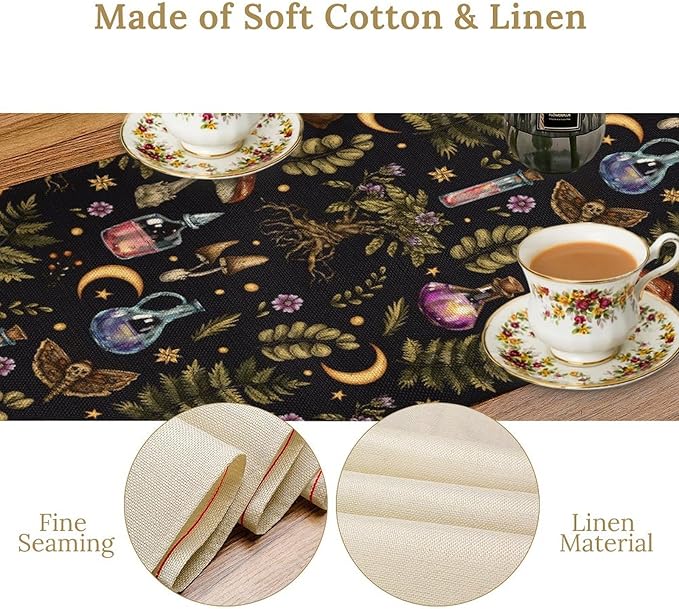 Vintage Mystical Witch Table Runner, Magic Poison Vials Rustic Forest Plants Wild Mushroom Moth Print Table Runner for Kitchen Dining Home Decor Wreath Party Decoration, 13x108inch