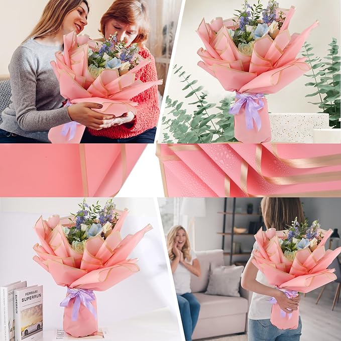 YIDATIKER 20 sheet Flower Wrapping Paper,waterproof floral wrapping paper for bouquets,DIY Florist Supplies Packaging Paper with satin ribbon for Wedding,Birthday,Valentine's Day(Rose Pink