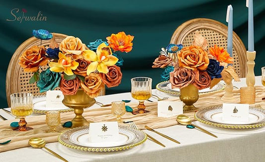 Serwalin Teal Burnt Orange Artificial Flowers, Fake Silk Cake Flowers for DIY Wedding Bridal Bouquet Centerpieces Floral Arrangement Decor Party Baby Shower Fall Home Decor