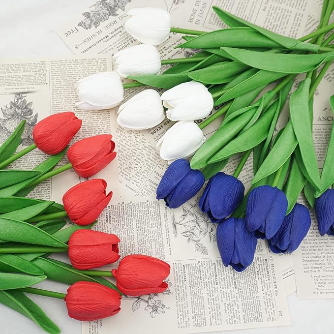 18 Pcs Real Touch Tulips Artificial Flowers, Patriotic Flower for 4th of of July Decoration Cemetery Flowers for Grave Vase Memorial Day Independence Day Decor