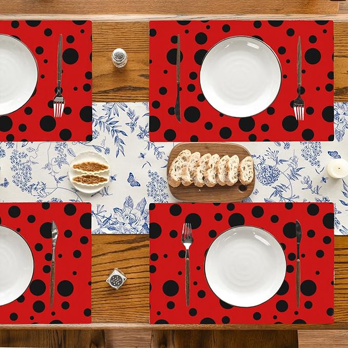 Black Spots Placemats Set of 4, 12x18 Inch Non-Slip Washable Heat Resistant Linen Fabric Table Mats,Place Mats for Holiday Party