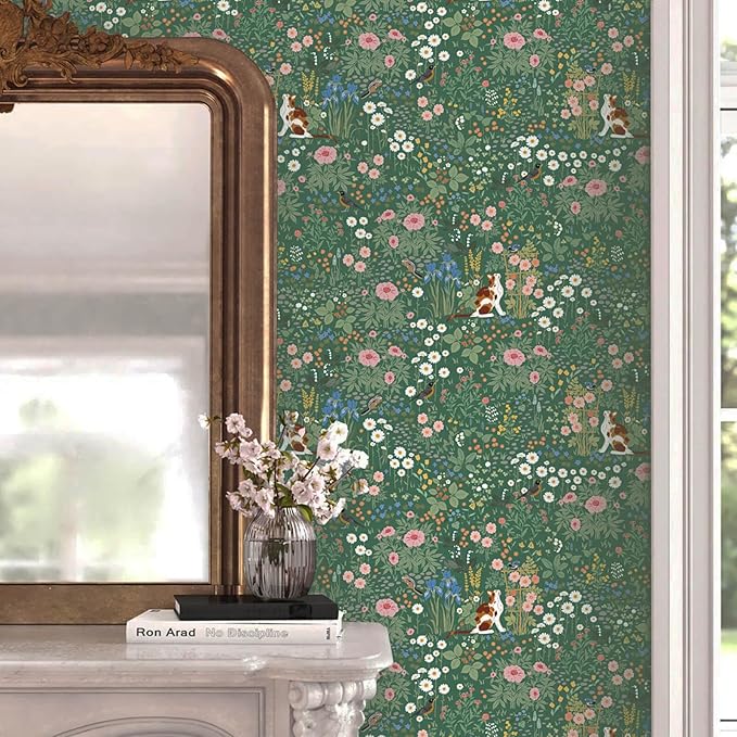 Heroad Floral Peel and Stick Wallpaper Green Wallpaper Boho French Country Contact Paper Vintage Cat Birds Removable Self-Adhesive Wall Paper for Bedroom Kitchen Cabinets Decoration Vinyl 17.3”x78.7”