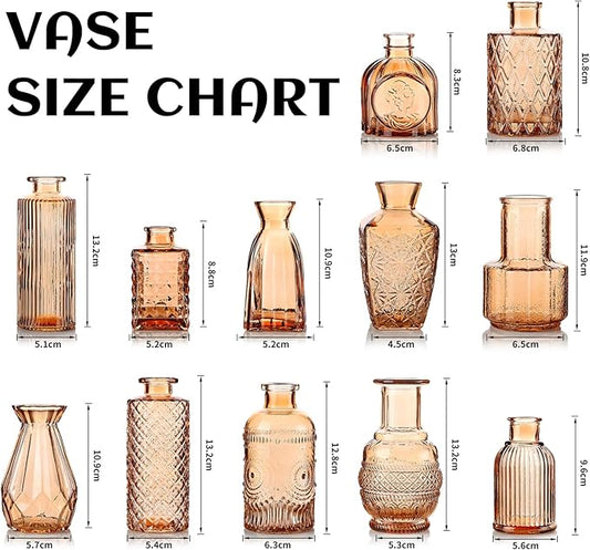 Bud Vases Set of 12, Small Mini Glass Vases for Centerpieces - Elegant Vintage Style - Perfect for Table Decor, Wedding, Party Centerpieces - Great Gift for Home Decor Lovers (Amber)