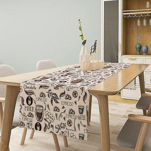 Coffee Theme Table Runner Coffee Time Espresso Seasonal Dinner Runner for Retro Farmhouse Kitchen Dining Coffee Table Decoration Cabin Home Holiday Party 13x60in