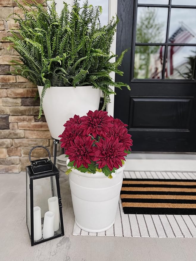 Hollyone Dark Red Artificial Dahlia Flowers Bush 7 Heads Silk Fake Dahlias Flowers with Stems Wedding Bouquets Faux Dahlia Flowers Arrangements for Outdoor Indoor DIY Table Centerpieces Home Decor