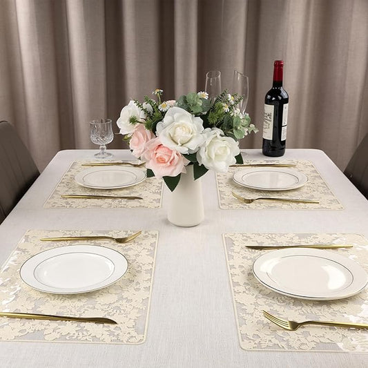 Clear Placemats Set of 6 Rectangle - PVC Place Mats with Beige Flower Carft Table Protector for Kitchen Dining Room, Wahsable Heat Resistant Non-Slip Reversible Table Mats